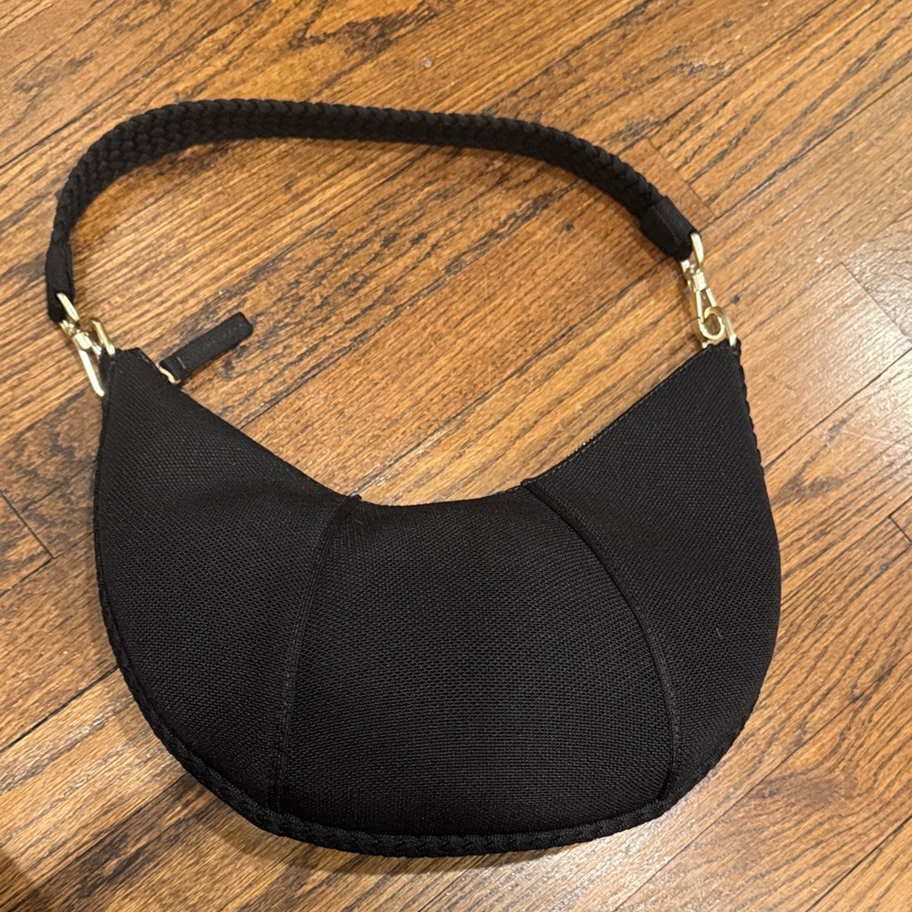 Rothy's Black Crescent Shoulder Bag with Braided Strap and Gold Hardware
